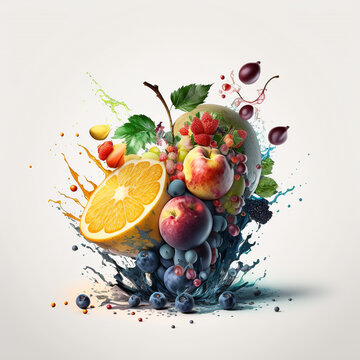 group of different fruits with a splash of colorful juice, digital art, colorful composition, 3d product rendering, food particle explosion, mixed colorful fruits splashed with juice drops