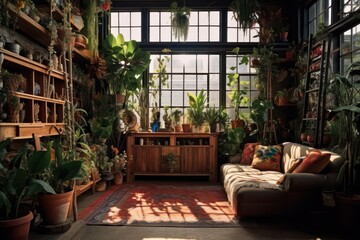 Fototapeta premium Sunny spacious room with high windows and lush greenery inside. green shelter. Generative AI. 