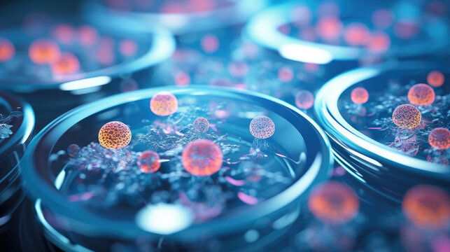 Petri dish with growing cultured cells under microscope signifying biomedical research. Generative AI