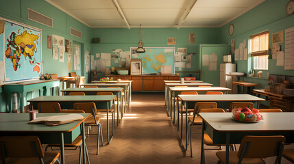 interior of a traditional style school classroom empty School classroom with desks chair wood greenboard Generative AI - obrazy, fototapety, plakaty