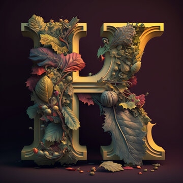 Capital letter K generated by autumnal greenery. 3D render of kay font, logotype font with autumn foliage still life. Classical baroque design typography concept, alphabet type AI for retro graphic