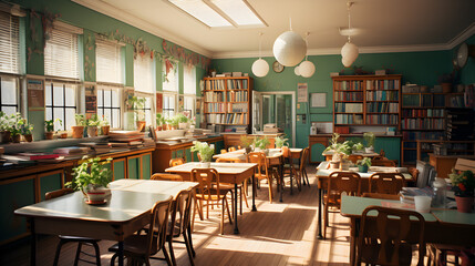 interior of a traditional style school classroom empty School classroom with desks chair wood greenboard Generative AI