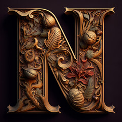 Capital letter N generated by autumnal greenery. 3D render of en font, wood logotype with autumn foliage still life. Classical ornamental design typography concept, alphabet type AI for christmas art
