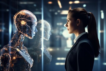 Woman opposite AI. The concept of confrontation between humanity and artificial intelligence - obrazy, fototapety, plakaty