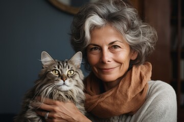 An aged woman hugs her beloved cat. Portrait with selective focus and copy space