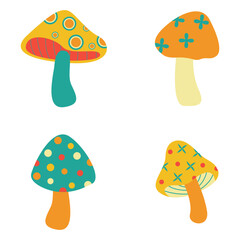 Trippy Mushroom Retro illustration print with groovy sticker poster. Vector illustration