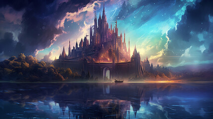 Panoramic fantasy vista with gothic intricate fairytale castle at sundown, palace among a lake, colourful fantastic wallpaper, background for display and screen. Ai generated epic digital illustration