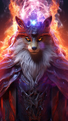 Powerful wolf wizard with purple cloak and magic  glowing fireball in his hands, magician casting a spell with his gaze fixed. Long white fur, fantasy fiction. fairytale AI furry magical character