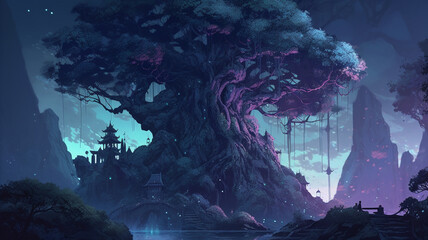 Landscape with a awesome magic gnarled oak in a misty nocturnal setting. Horizontal poster for descktop and digital displays. illustration fantasy background, AI huge mysterious tree of life