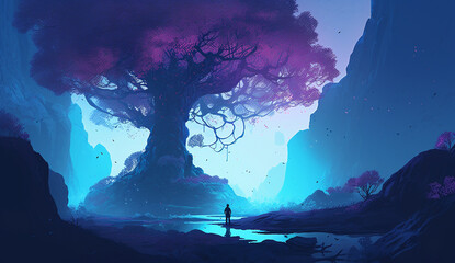 Man standing before sacred magic huge oak in a blue hazy ethereal atmosphere. Horizontal wallpaper for descktop and digital displays. illustration fantasy background, AI mysterious tree of life
