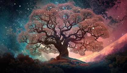 Landscape with giant oak and and starry night sky, cosmos nebula. Horizontal wallpaper for cover, descktop and digital displays. 3d rendering fantasy background, AI intricately knotted huge tree