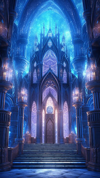 Digital illustration with interior of the cathedral, holy gothic churc, religious architecture. fantasy castle. Vertical fantastic fairytale poster with castle entrance
