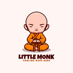 Vector Logo Illustration Little Monk Mascot Cartoon Style.