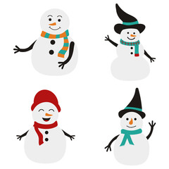 Snowman winter. Cheerful snowmen in different costumes. Vector illustration.