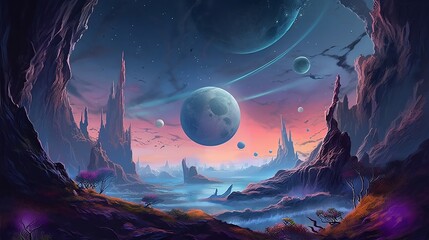 alien planet, landscape with moon and clouds, space art, fantasy, futuristic and sci-fi art. © Dijay