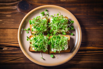 Plate with mini toasts with microgreens on wooden table, top view, Generative AI
