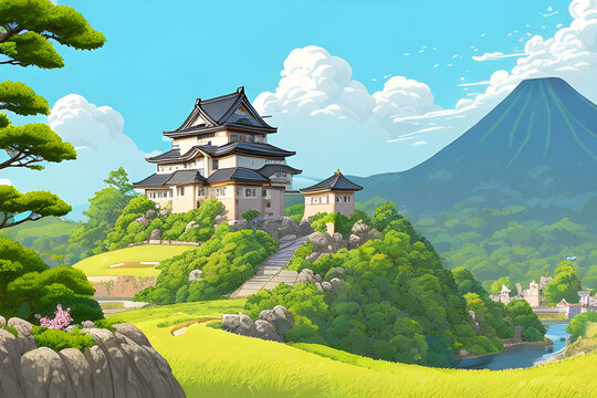 grand Japanese castle stands tall on a hill surround