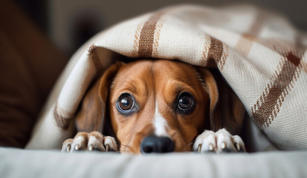 Scared dog lying on a sofa under the blanket, Generative AI