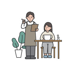 カフェで注文する女性のイラスト