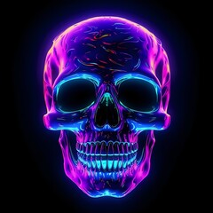 Skull neon lights style with black background. Rave party. 8k resolution