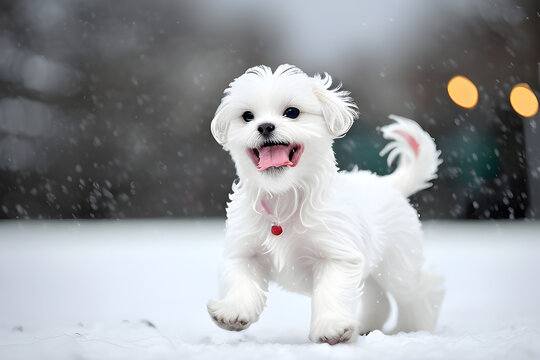 the playful maltese puppy frolics in a snowy winter