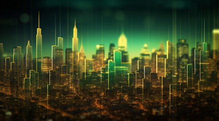 Fototapeta na wymiar Illuminated Urban Matrix: Abstract Cityscape with Glowing Graph Style