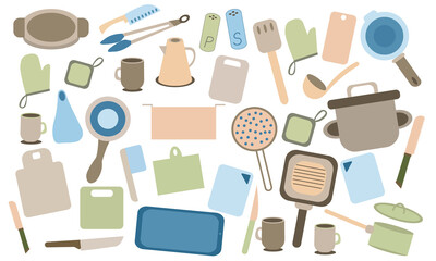 Kitchenware colored minimalism flat set. Stock vector illustration. 