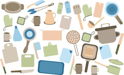 Kitchenware colored minimalism flat set. Stock vector illustration. 