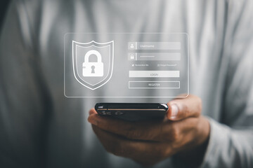 Protect personal data on smartphones with a cybersecurity concept. Business professionals prioritize information security using encryption and key icons on virtual interface shields.
