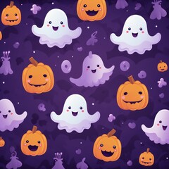 Fototapeta premium Halloween seamless pattern design with ghost, pumpkin. Flat cartoon illustration. Generative Ai. 