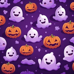 Halloween seamless pattern design with ghost, pumpkin. Flat cartoon illustration. Generative Ai. 