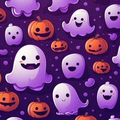 Fototapeta premium Halloween seamless pattern design with ghost, pumpkin. Flat cartoon illustration. Generative Ai. 