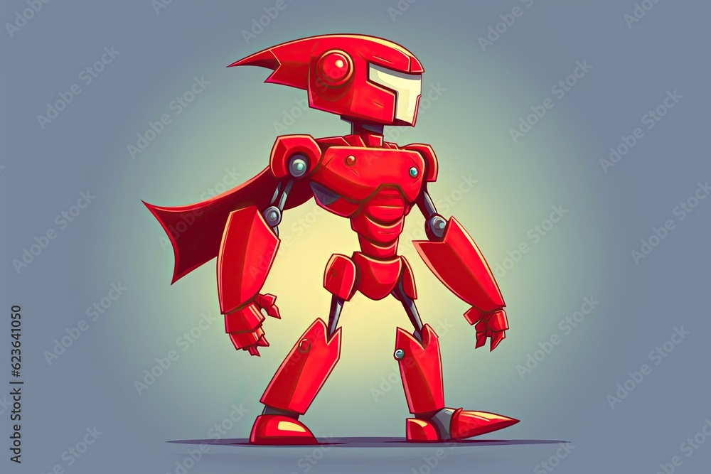 Poster red robot standing in a minimalist blue background. generative ai