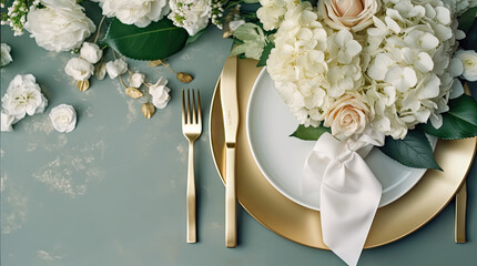 Festive wedding, birthday table setting with golden cutlery, silk ribbon, eucalyptus branches, hydrangea and white roses flowers. Blank card mockup. Restaurant menu concept. Flat lay, top view