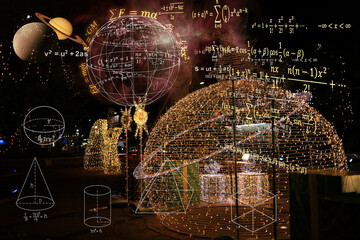 Physics or mathematical equations on a universe decorative LED background give the impression of...