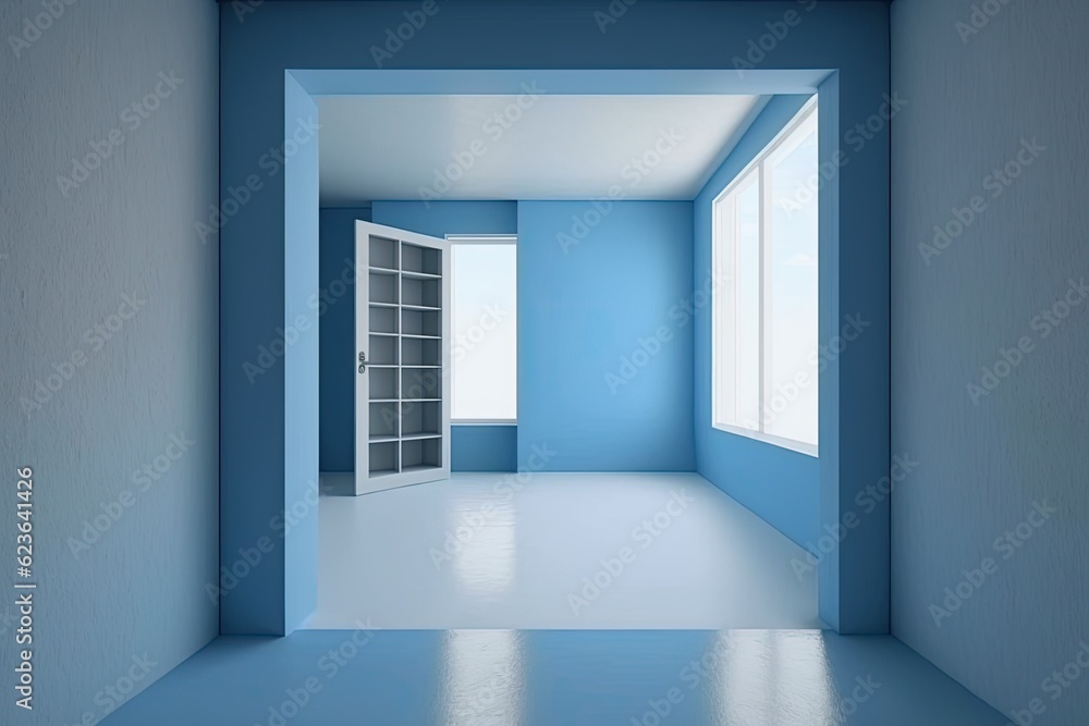 Poster n empty room with blue walls and bookshelf. generative ai
