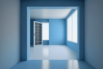 n empty room with blue walls and bookshelf. Generative AI