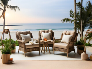 outdoor garden rattan straw couches armchairs Generative AI