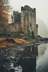 Highlands castle by a loch in autumn, generative ai