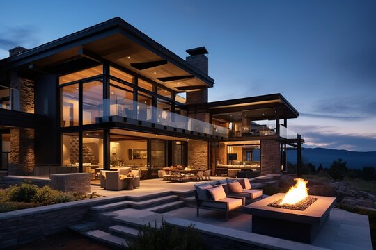 A modern home with fireplace and outdoor patio. Generative AI