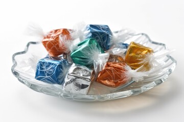 Glass Bowl Filled with Assorted Candy on a White Background. Generative AI
