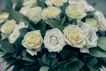 White roses, on a blurry background. Flower arrangement, bouquet of garden flowers. It can be used for invitations, greetings, wedding cards. High quality photo