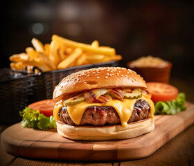 Fototapeta premium Cheeseburger with French fries on wooden board