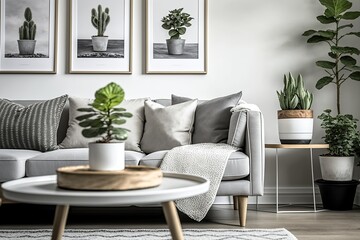  cozy living room with a comfortable couch, coffee table and green potted plants. Generative AI