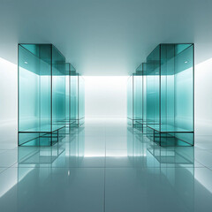 A Sleek White Hallway Flanked by Tall Rectangular Glass Objects Generative AI