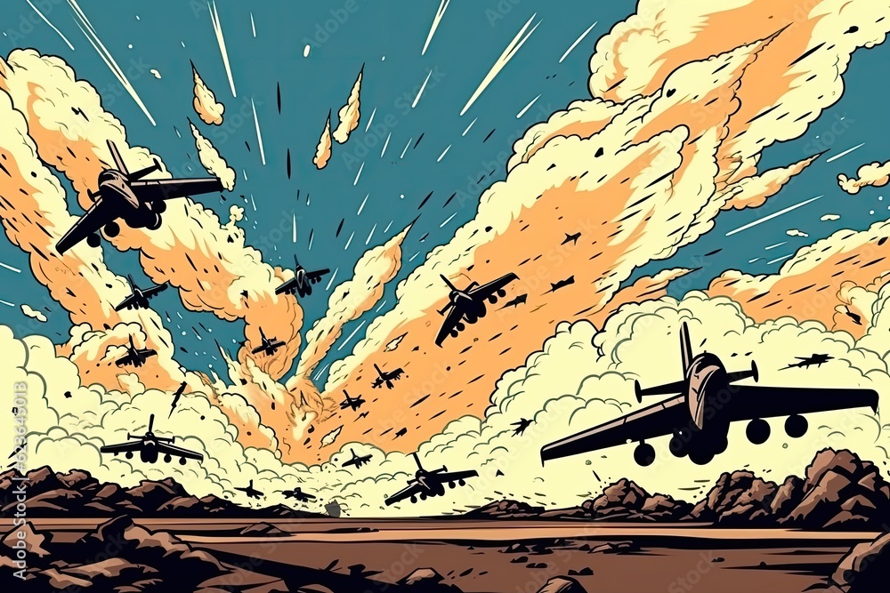 Poster multiple airplanes soaring through a cloudy sky. generative ai