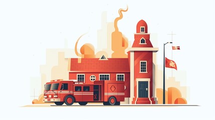 Illustration of fire station on white background
