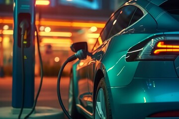 Fototapeta na wymiar close up electric car charging at a station