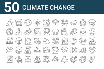 Fototapeta na wymiar set of 50 climate change icons. outline thin line icons such as temperature, nuclear, co, bull, nuclear, electric car, drought
