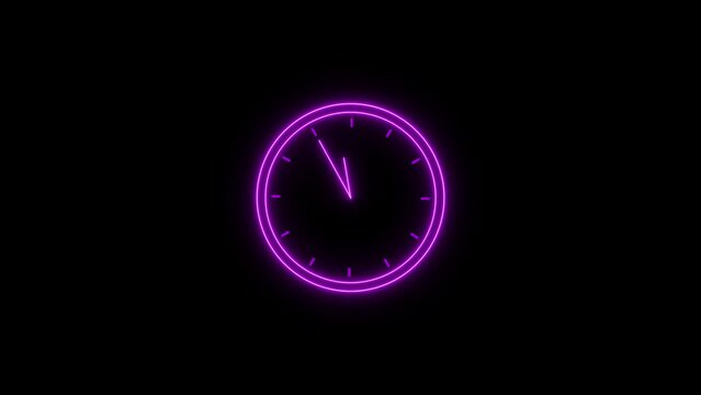 Neon clock flat style black background 24 Hour Day Fast Speed. Clock with moving Clock time rotation 360  purple color animation.
